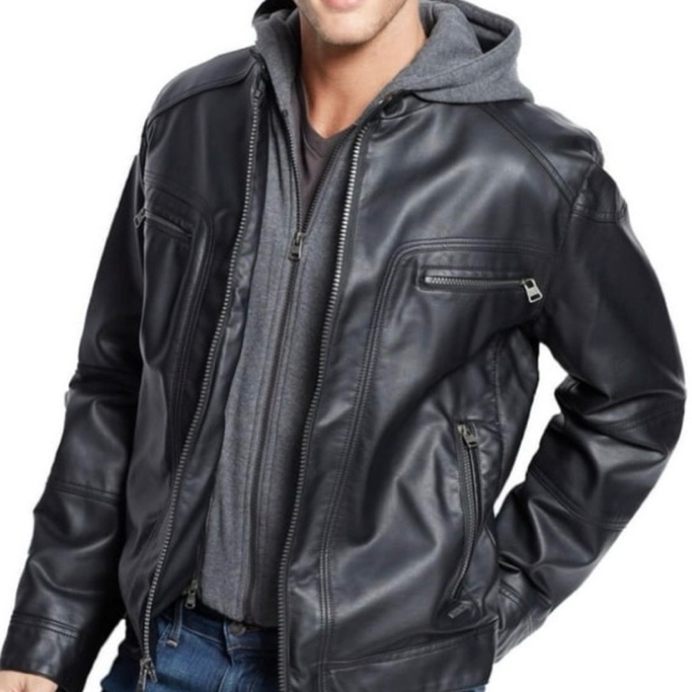 Calvin Klein Black Motorcycle Jacket with Removable Hoodie